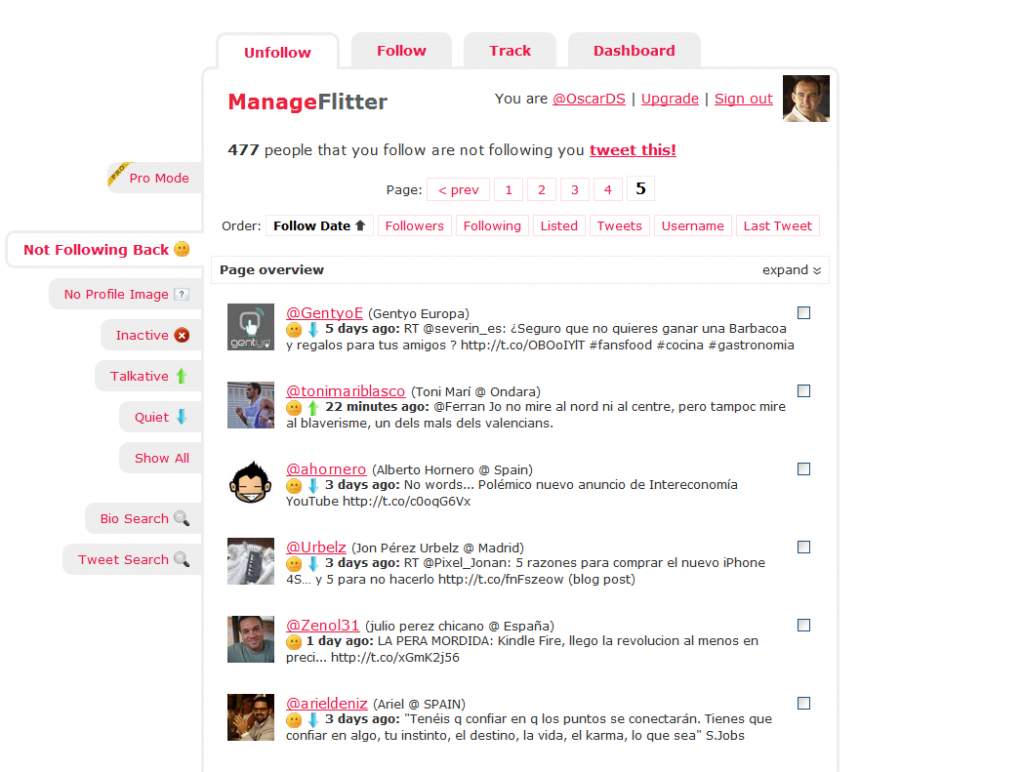 Lista de cuentas de Twitter que no me siguen en Manageflitter